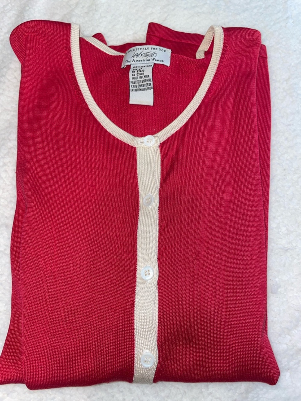 Lord & Taylor Pink-Red Cardigan with Cream Trim. Button Down. 100% Silk. 2X